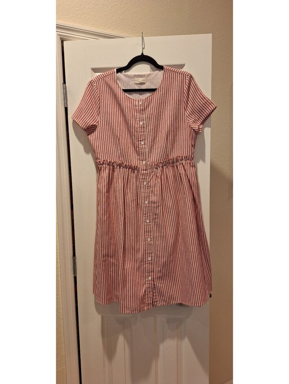 Rachel Parcell-Red/White Strip Cotton/Linen Short Sleeve Button Front Dress-XL